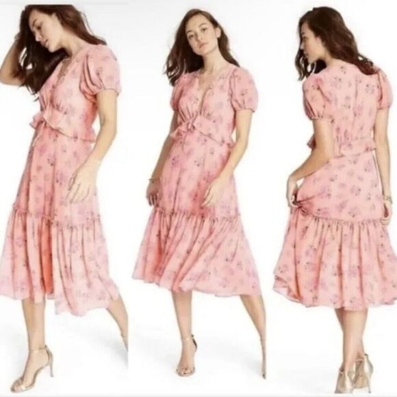 Love Shack Fancy Sz 10 Target Fleur Pink Floral Ruffled Midi Dress Boho 0834 - Picture 10 of 14
